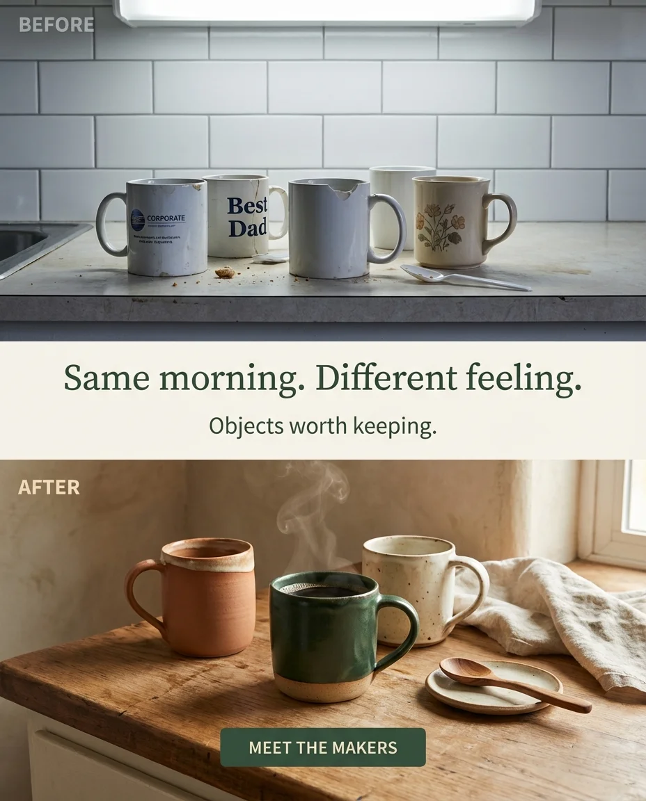 Field & Hearth Before/After ad — Same morning. Same coffee. Different feeling.