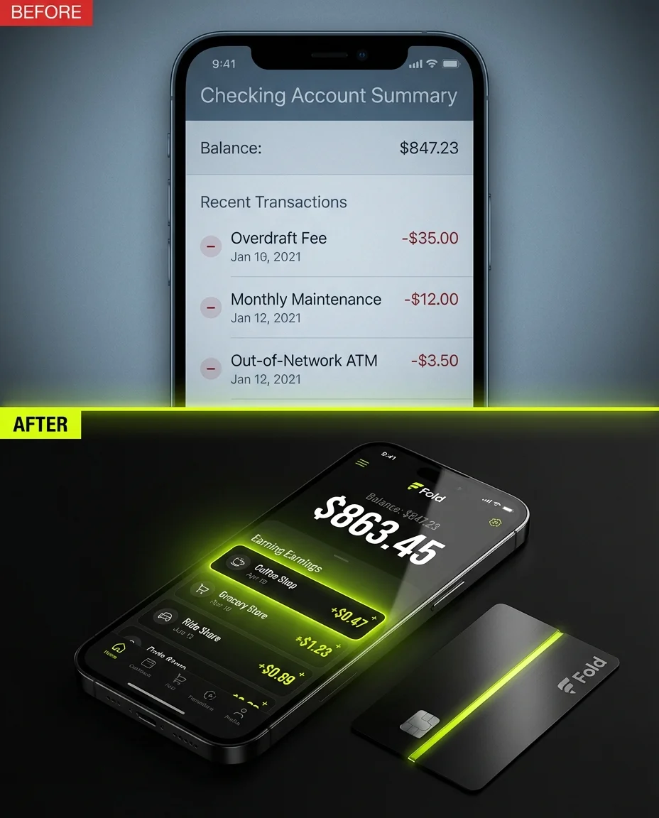 Fold Before/After ad — Same coffee run. Different bank account.