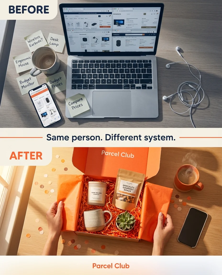Parcel Club Before/After ad — Your shopping experience: before vs. after Parcel Club