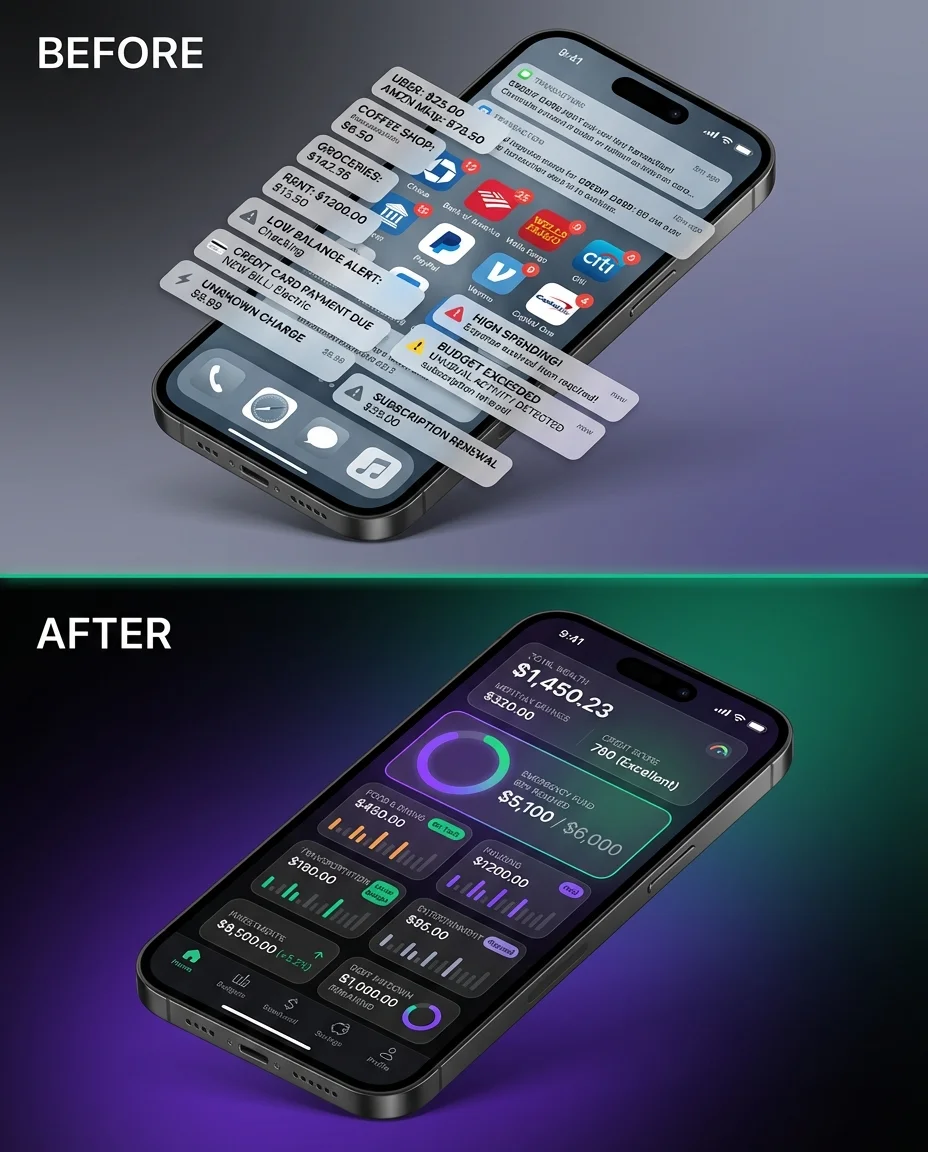 Stackwell Before/After ad — Same income. Same expenses. Different clarity.