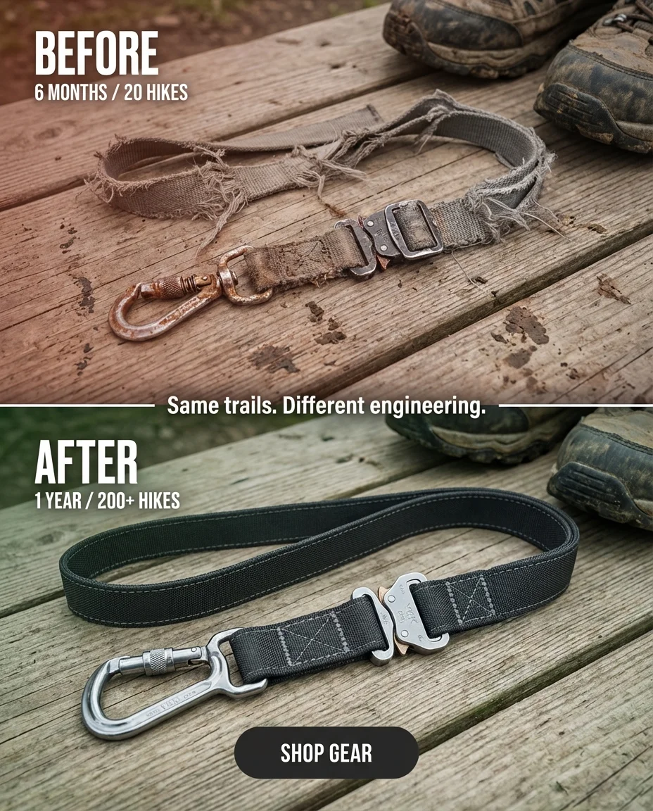 Wayward Before/After ad — 6 months on the trail. Guess which leash costs more to replace.