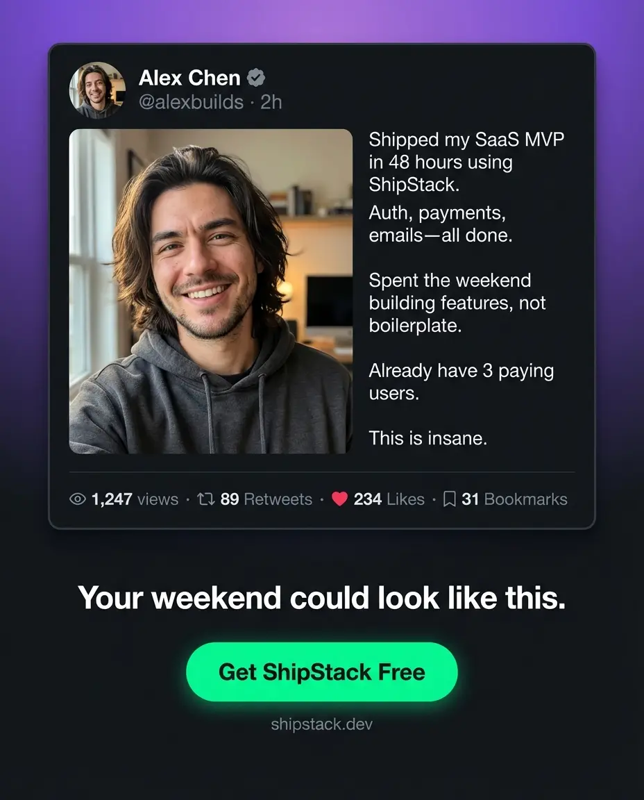 ShipStack Tweet ad — Shipped my MVP in a weekend.