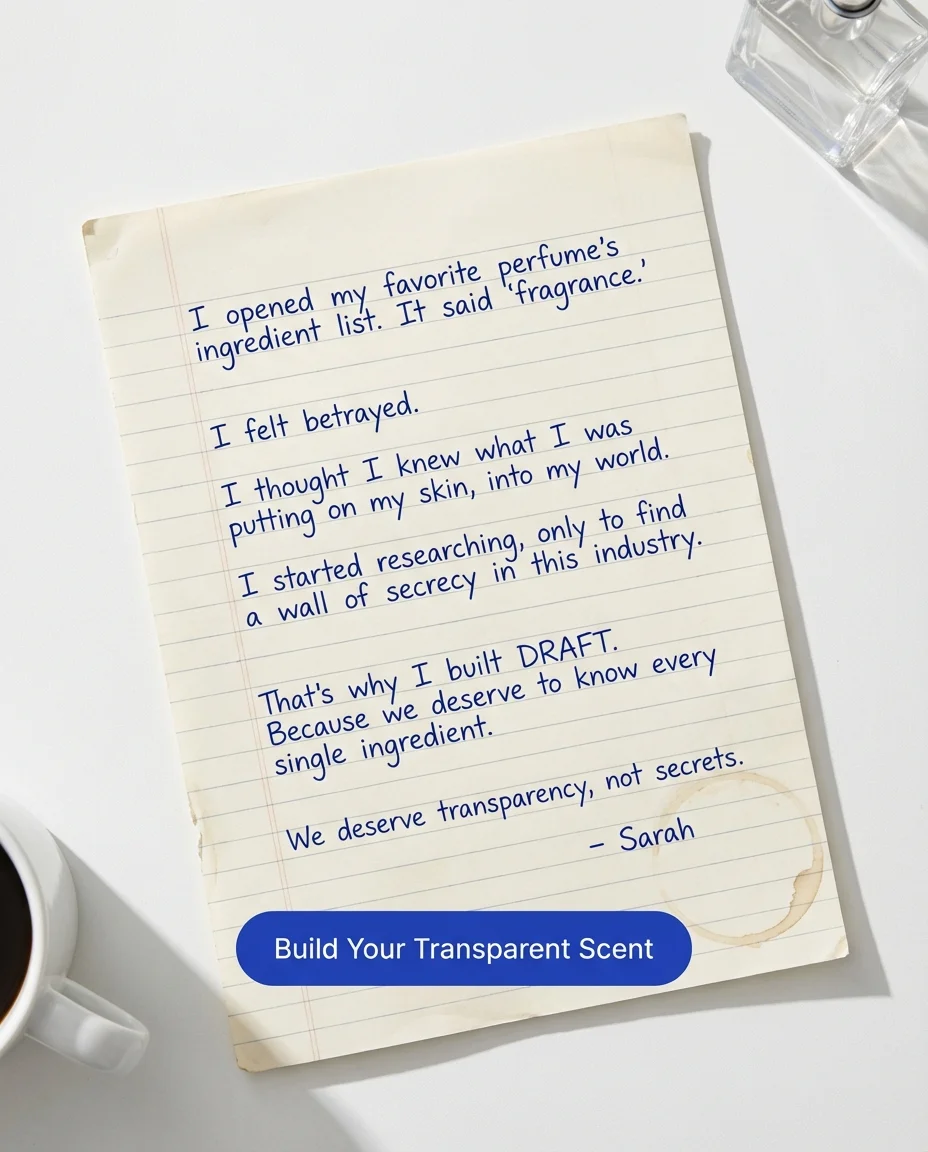 DRAFT Handwritten ad — I opened my favorite perfume's ingredient list. It said 'fragrance.'