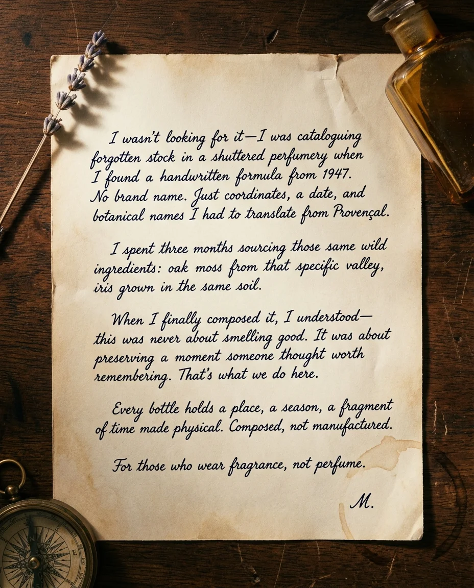 Noir Botanica Handwritten ad — This is the scent that changed everything.