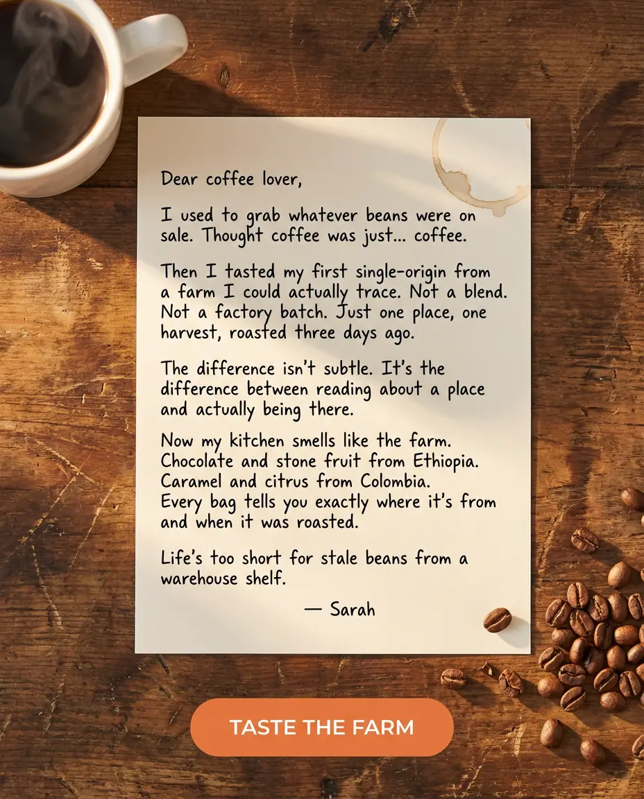 Roast Republic Handwritten ad — I used to think expensive coffee was just marketing.