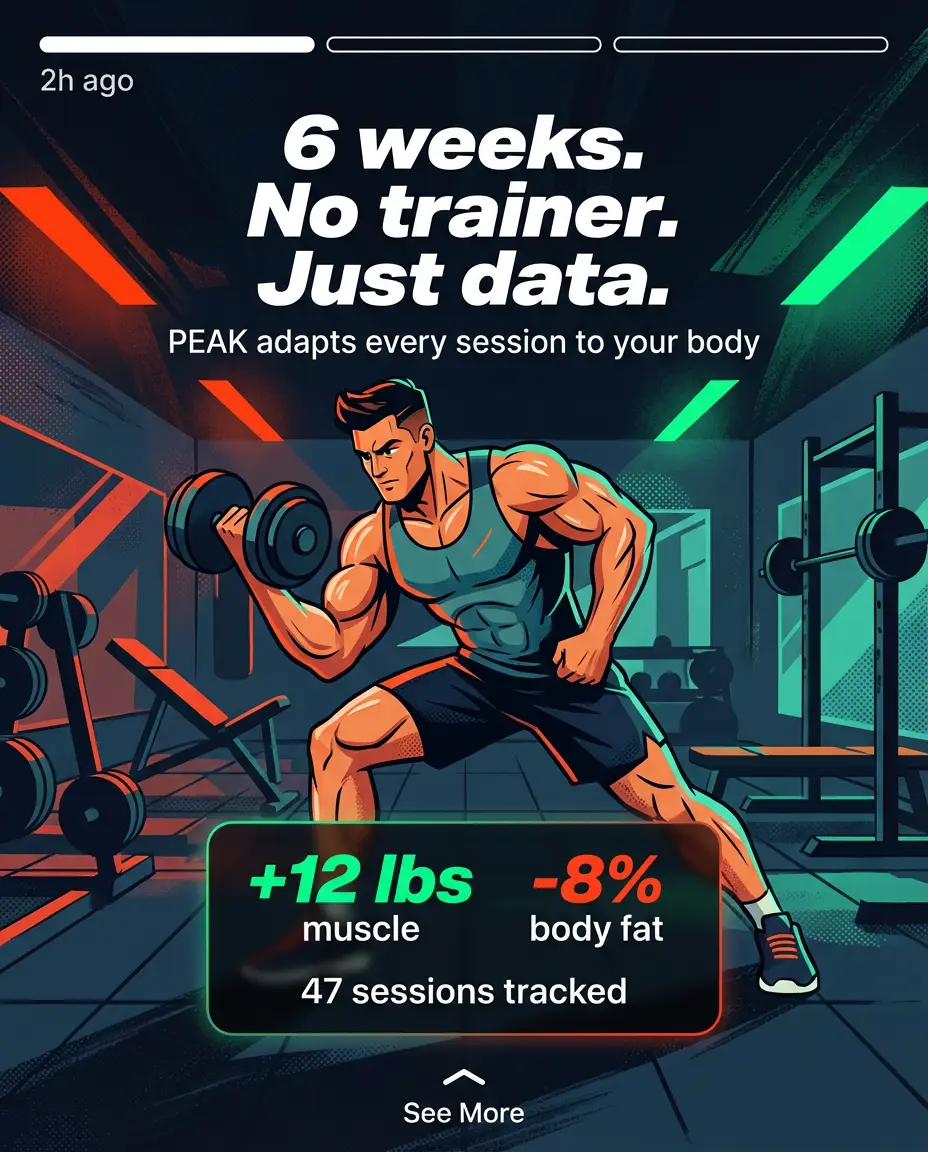 PEAK Performance Story Panel ad — 6 weeks. No trainer. Just data.