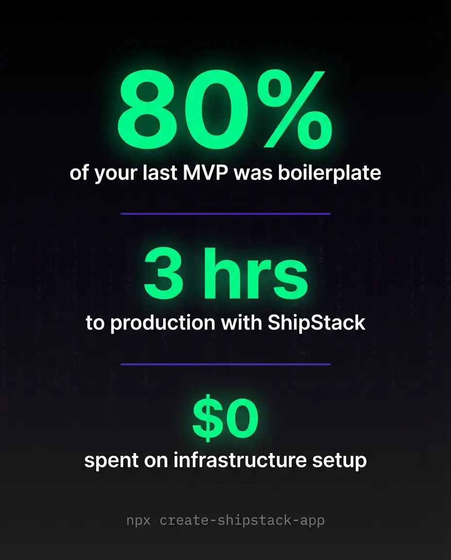 ShipStack Infographic ad — Your last MVP: 80% plumbing, 20% product.