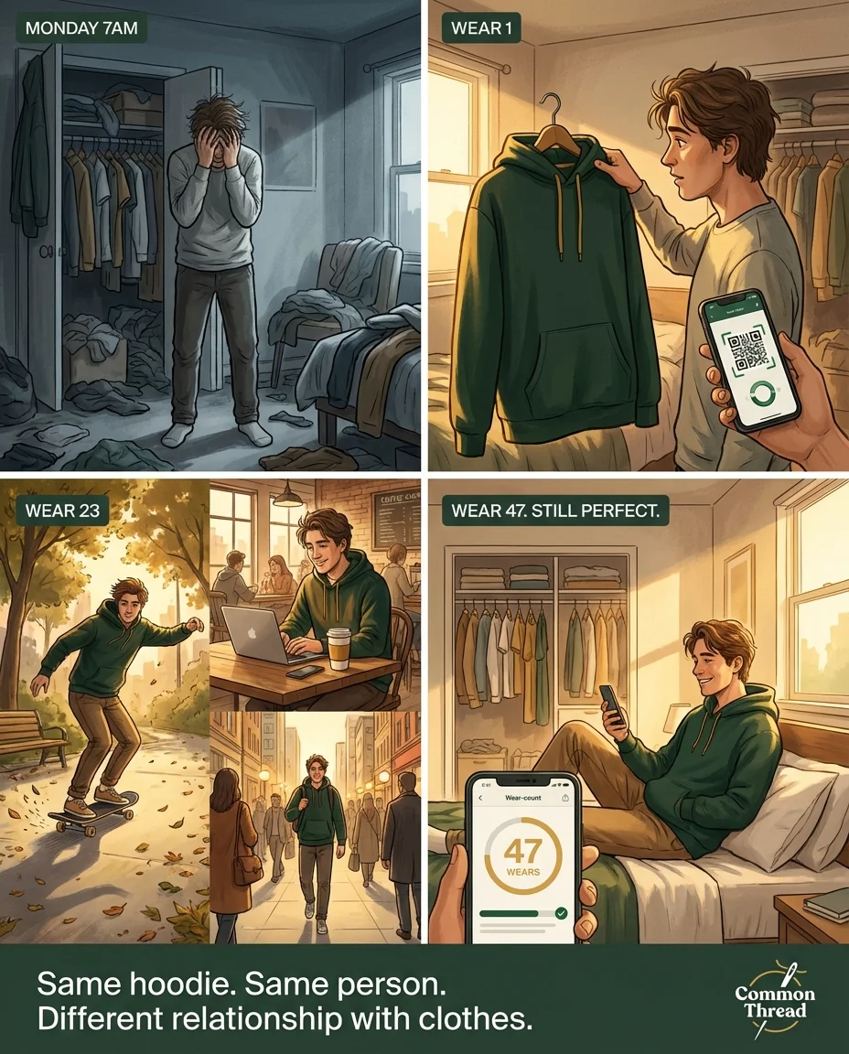 Common Thread Story Panel ad — One hoodie. 47 wears. Still looks new.