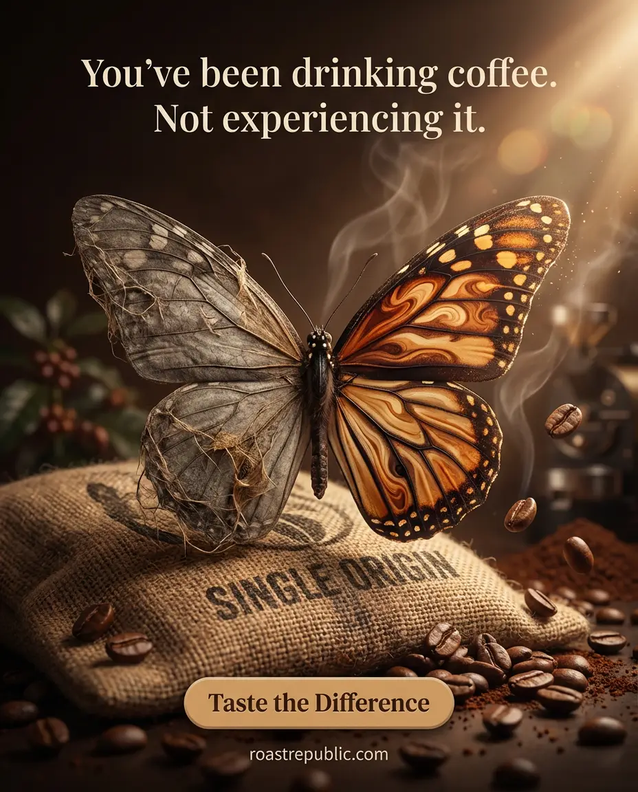 Roast Republic Metaphor ad — You've been drinking coffee. Not experiencing it.